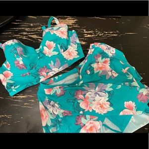 Turquoise floral two piece! Swim skirt and bralette style top.